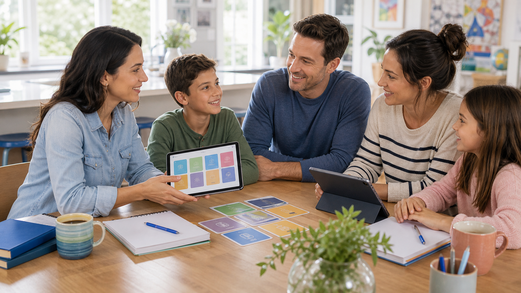Families comparing Koydo learning path cards around a bright home table