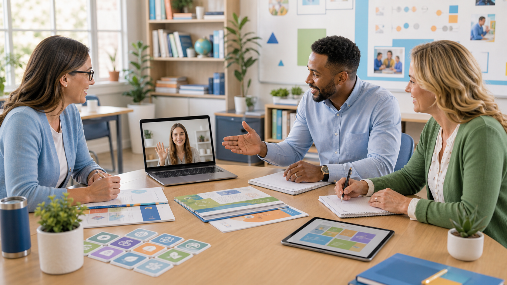 A bright educator demo setup with a laptop, calendar, and classroom planning materials
